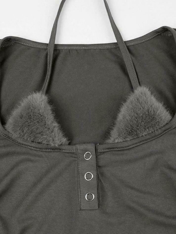 Y2K Aesthetic Plush Splice Halter Top with Long Sleeves Y2K Aesthetic Plush Splice Halter Top with Long Sleeves