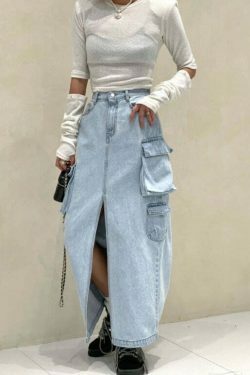 Y2K Aesthetic Pocket Denim Long Skirt for Women - Coquette Style Grunge Fashion with Vintage Vibes