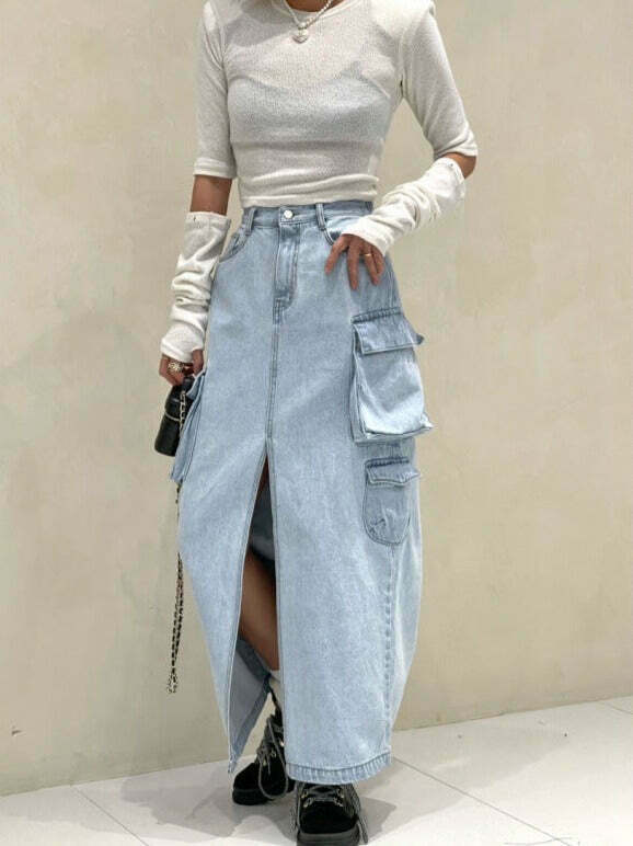 Y2K Aesthetic Pocket Denim Long Skirt for Women - Coquette Style Grunge Fashion with Vintage Vibes Y2K Aesthetic Pocket Denim Long Skirt for Women - Coquette Style Grunge Fashion with Vintage Vibes