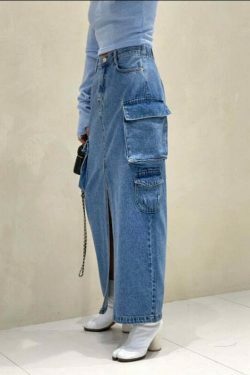Y2K Aesthetic Pocket Denim Long Skirt for Women - Coquette Style Grunge Fashion with Vintage Vibes