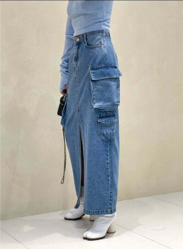 Y2K Aesthetic Pocket Denim Long Skirt for Women - Coquette Style Grunge Fashion with Vintage Vibes Y2K Aesthetic Pocket Denim Long Skirt for Women - Coquette Style Grunge Fashion with Vintage Vibes