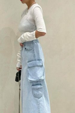 Y2K Aesthetic Pocket Denim Long Skirt for Women - Coquette Style Grunge Fashion with Vintage Vibes