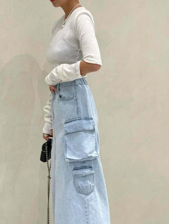 Y2K Aesthetic Pocket Denim Long Skirt for Women - Coquette Style Grunge Fashion with Vintage Vibes Y2K Aesthetic Pocket Denim Long Skirt for Women - Coquette Style Grunge Fashion with Vintage Vibes