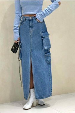Y2K Aesthetic Pocket Denim Long Skirt for Women - Coquette Style Grunge Fashion with Vintage Vibes
