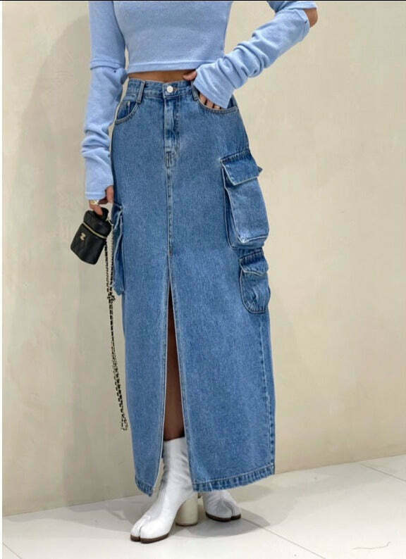 Y2K Aesthetic Pocket Denim Long Skirt for Women - Coquette Style Grunge Fashion with Vintage Vibes Y2K Aesthetic Pocket Denim Long Skirt for Women - Coquette Style Grunge Fashion with Vintage Vibes