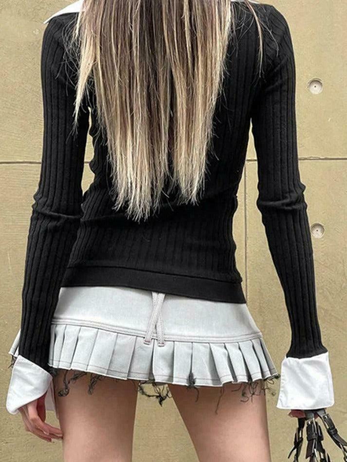 Y2K Aesthetic Polo Neck Splice Knit: Coquette Grunge Style, Cute Tops & Cargo Skirt Y2K Aesthetic Polo Neck Splice Knit: Coquette Grunge Style, Cute Tops & Cargo Skirt