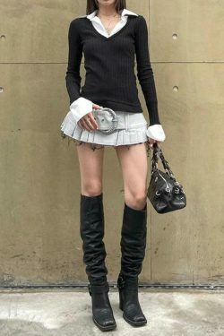 Y2K Aesthetic Polo Neck Splice Knit: Coquette Grunge Style, Cute Tops & Cargo Skirt