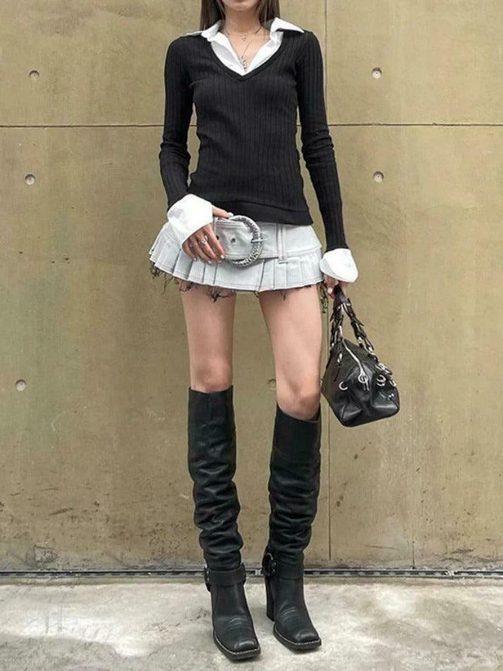 Y2K Aesthetic Polo Neck Splice Knit: Coquette Grunge Style, Cute Tops & Cargo Skirt Y2K Aesthetic Polo Neck Splice Knit: Coquette Grunge Style, Cute Tops & Cargo Skirt