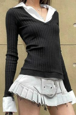 Y2K Aesthetic Polo Neck Splice Knit: Coquette Grunge Style, Cute Tops & Cargo Skirt
