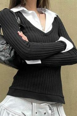 Y2K Aesthetic Polo Neck Splice Knit: Coquette Grunge Style, Cute Tops & Cargo Skirt