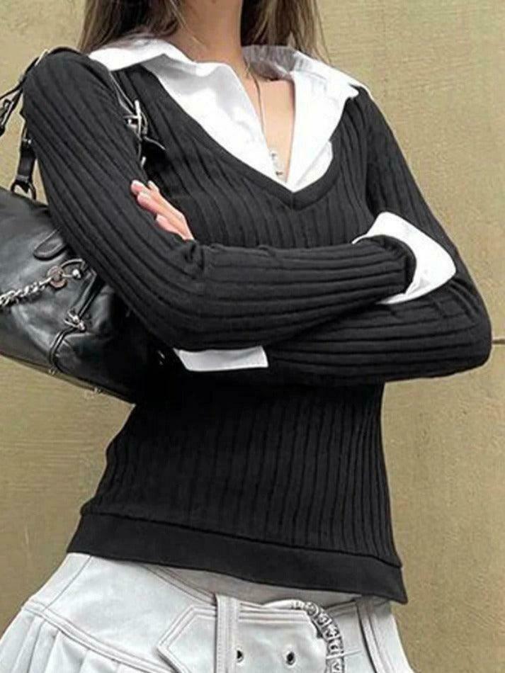 Y2K Aesthetic Polo Neck Splice Knit: Coquette Grunge Style, Cute Tops & Cargo Skirt Y2K Aesthetic Polo Neck Splice Knit: Coquette Grunge Style, Cute Tops & Cargo Skirt