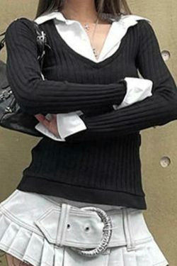 Y2K Aesthetic Polo Neck Splice Knit: Coquette Grunge Style, Cute Tops & Cargo Skirt