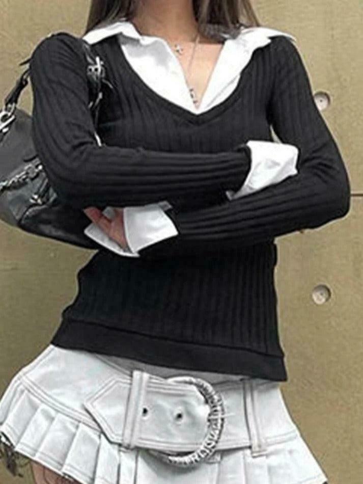 Y2K Aesthetic Polo Neck Splice Knit: Coquette Grunge Style, Cute Tops & Cargo Skirt Y2K Aesthetic Polo Neck Splice Knit: Coquette Grunge Style, Cute Tops & Cargo Skirt