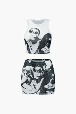 Y2K Aesthetic Portrait Tank Top & Mini Skirt Set - Coquette Fashion with Grunge & Pastel Goth Vibes