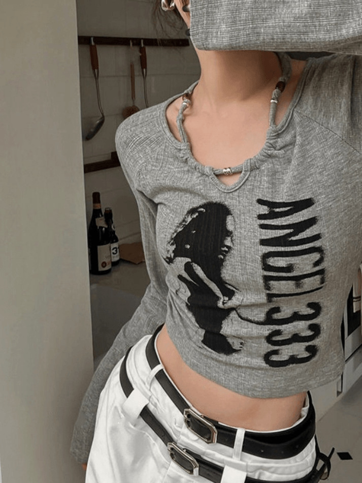 Y2K Aesthetic Print Halter Slim Knit Top - Coquette & Grunge Style Cute Tops for Women