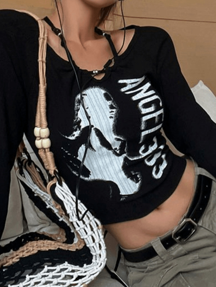 Y2K Aesthetic Print Halter Slim Knit Top - Coquette & Grunge Style Cute Tops for Women