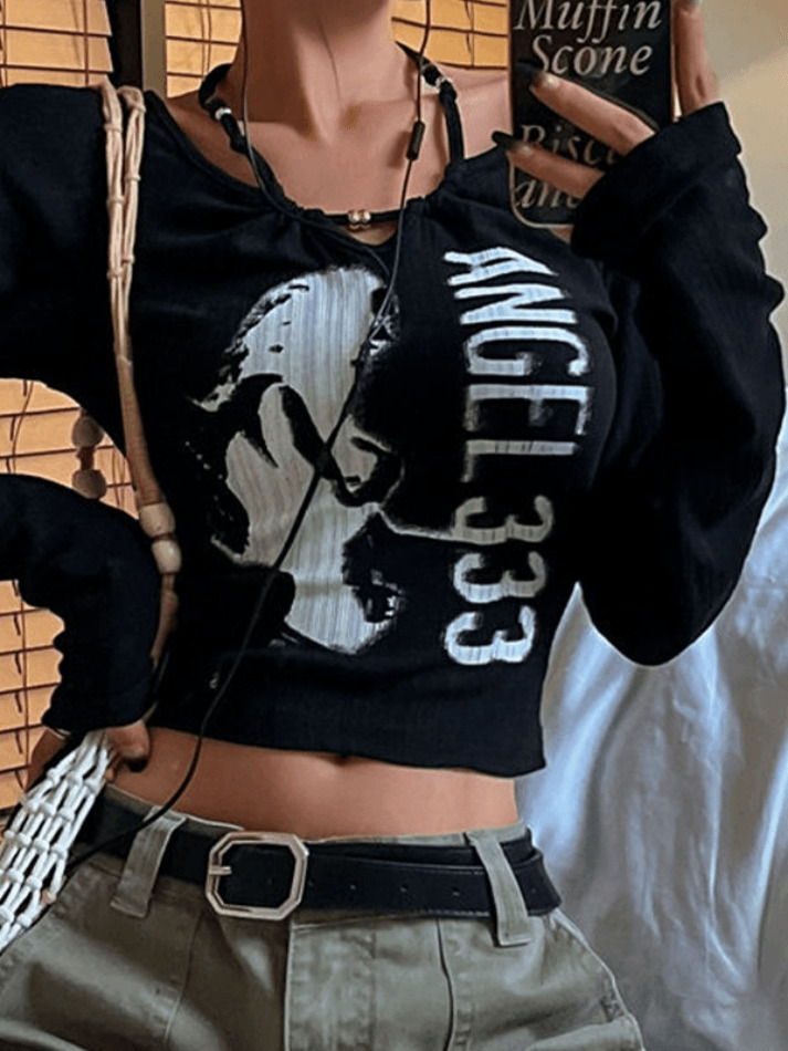 Y2K Aesthetic Print Halter Slim Knit Top - Coquette & Grunge Style Cute Tops for Women