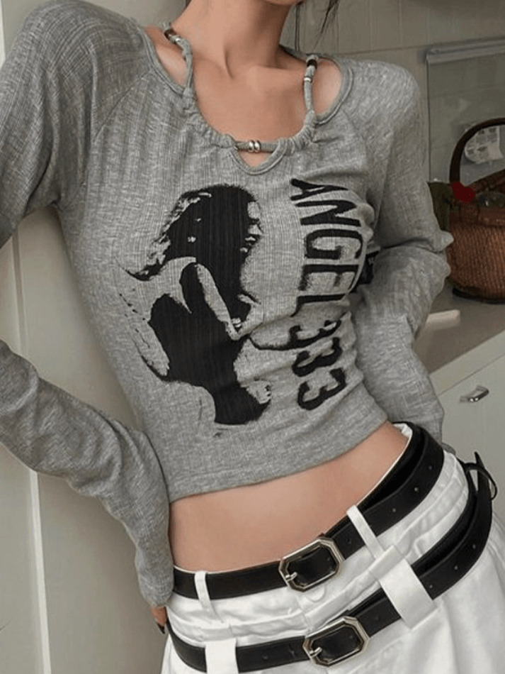 Y2K Aesthetic Print Halter Slim Knit Top - Coquette & Grunge Style Cute Tops for Women