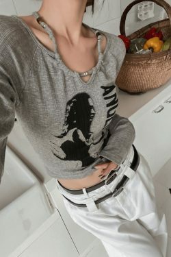 Y2K Aesthetic Print Halter Slim Knit Top - Coquette & Grunge Style Cute Tops for Women