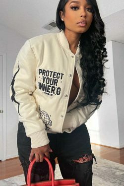 Y2K Aesthetic Printed Baseball Jacket for Women - Coquette & Grunge Style Cargo Skirt Outfit