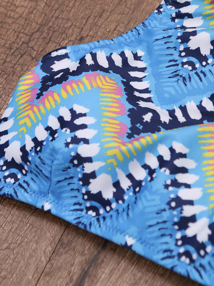 Y2K Aesthetic Printed Flower High Neck Halter Striped Bikini - Women's Fashion Y2K Aesthetic Printed Flower High Neck Halter Striped Bikini - Women's Fashion