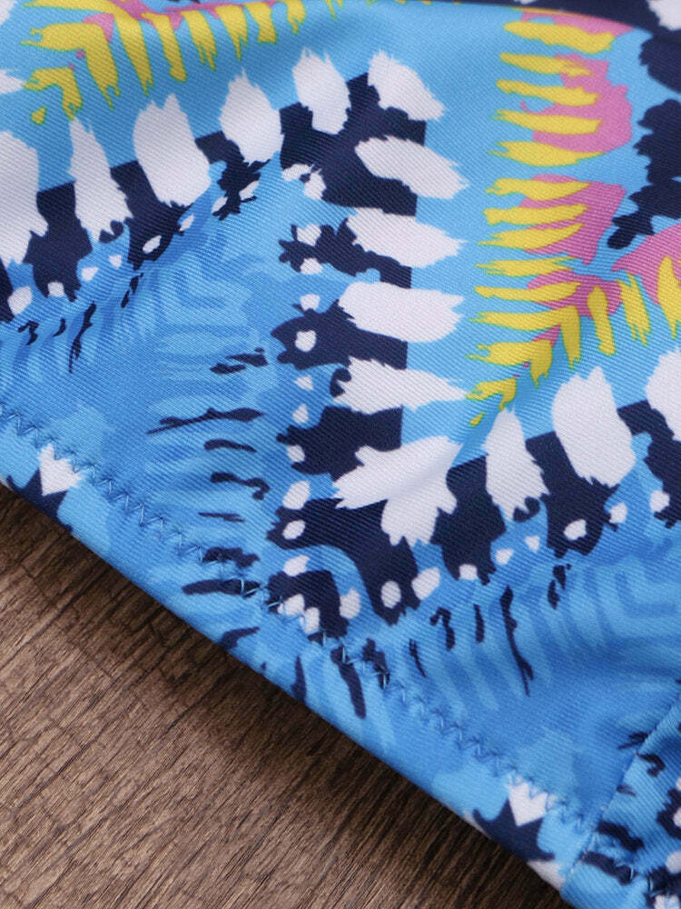 Y2K Aesthetic Printed Flower High Neck Halter Striped Bikini - Women's Fashion Y2K Aesthetic Printed Flower High Neck Halter Striped Bikini - Women's Fashion