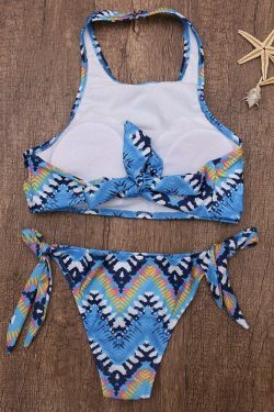 Y2K Aesthetic Printed Flower High Neck Halter Striped Bikini - Women's Fashion