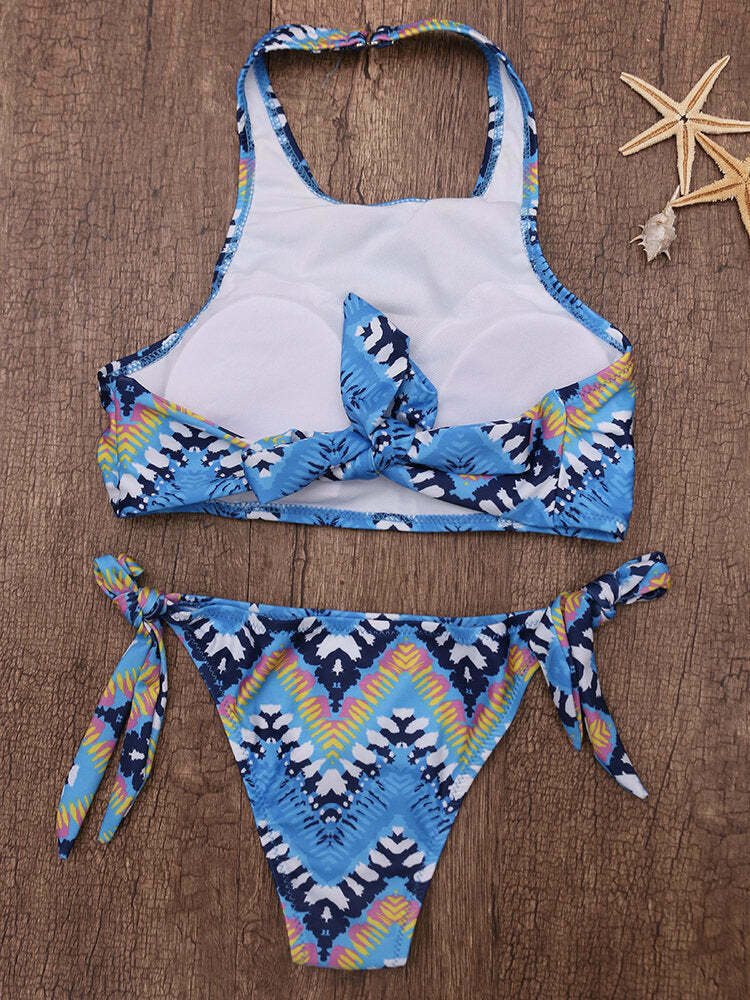 Y2K Aesthetic Printed Flower High Neck Halter Striped Bikini - Women's Fashion Y2K Aesthetic Printed Flower High Neck Halter Striped Bikini - Women's Fashion