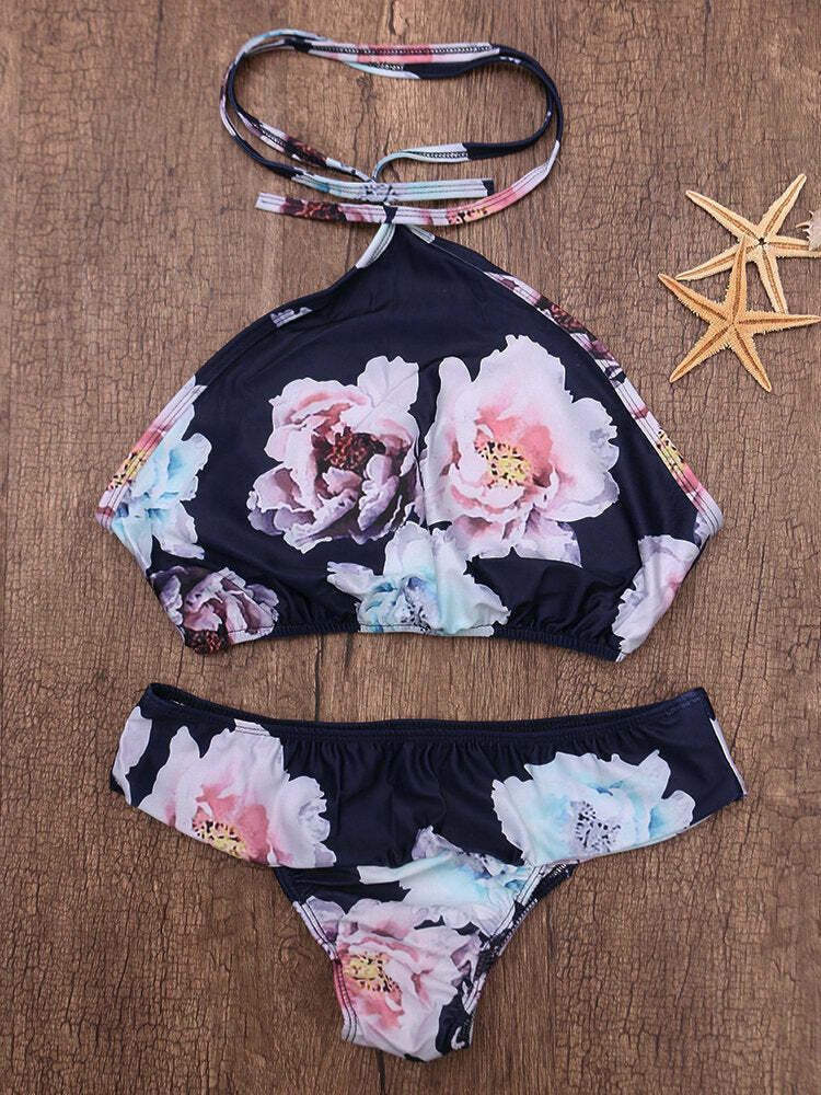 Y2K Aesthetic Printed Halter Bikini Set for Women - Coquette Style Swimwear Y2K Aesthetic Printed Halter Bikini Set for Women - Coquette Style Swimwear