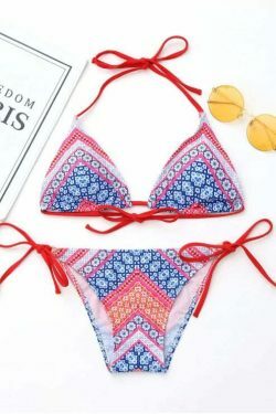 Y2K Aesthetic Printed Halter Bikini Set with String Bottoms