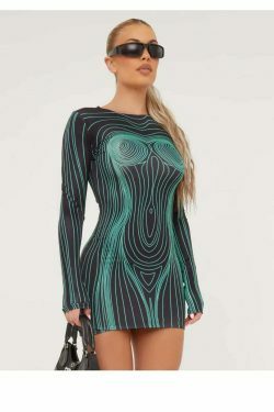 Y2K Aesthetic Printed Long-Sleeved Fit Dress for Women - Coquette Style with Grunge and Pastel