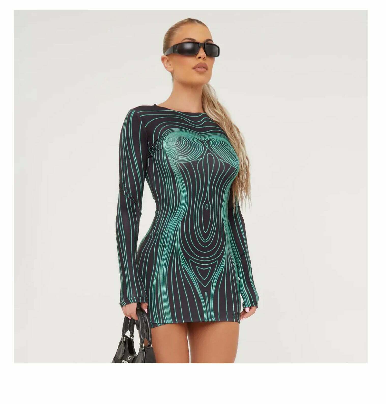 Y2K Aesthetic Printed Long-Sleeved Fit Dress for Women - Coquette Style with Grunge and Pastel Y2K Aesthetic Printed Long-Sleeved Fit Dress for Women - Coquette Style with Grunge and Pastel