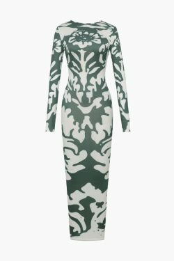 Y2K Aesthetic Printed Maxi Dress with Long Sleeves and Backless Design