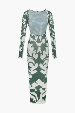 Y2K Aesthetic Printed Maxi Dress with Long Sleeves and Backless Design
