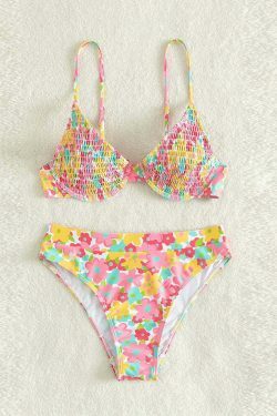 Y2K Aesthetic Printed Pleated Steel-Supported Bikini Swimsuit