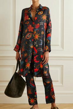 Y2K Aesthetic Printed Satin Pajama Casual Suit for Women - Coquette & Grunge Style Outfit
