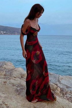 Y2K Aesthetic Printed Sleeveless One Shoulder Long Dress