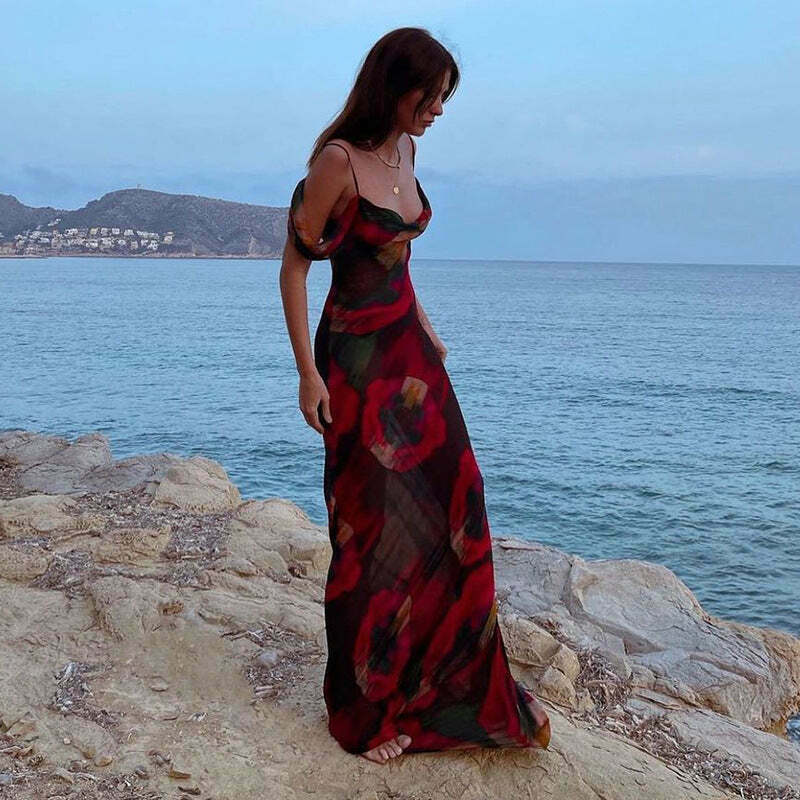 Y2K Aesthetic Printed Sleeveless One Shoulder Long Dress Y2K Aesthetic Printed Sleeveless One Shoulder Long Dress