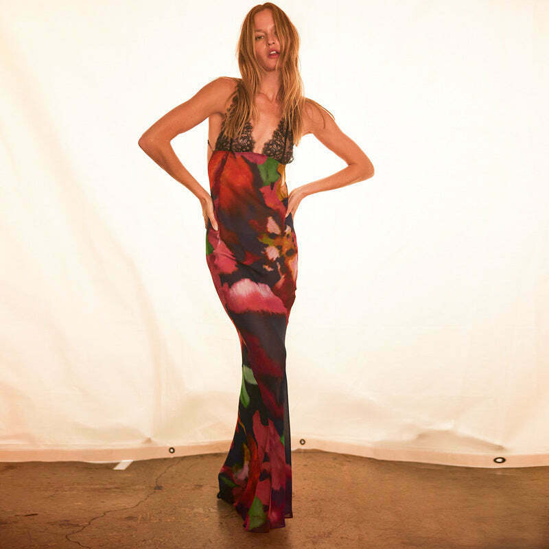 Y2K Aesthetic Printed Sleeveless One Shoulder Long Dress Y2K Aesthetic Printed Sleeveless One Shoulder Long Dress