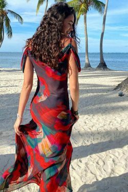 Y2K Aesthetic Printed Sleeveless One Shoulder Long Dress