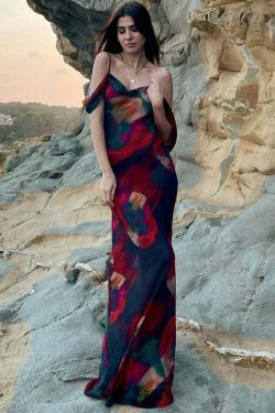 Y2K Aesthetic Printed Sleeveless One Shoulder Long Dress