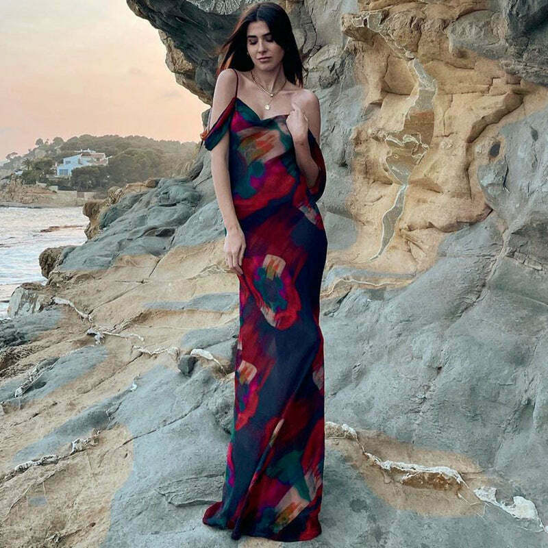 Y2K Aesthetic Printed Sleeveless One Shoulder Long Dress Y2K Aesthetic Printed Sleeveless One Shoulder Long Dress