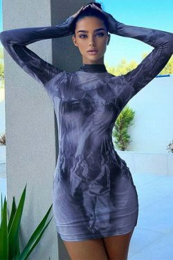 Y2K Aesthetic Printed Slim Round Neck Hip Dress - Coquette Style Grunge Fashion