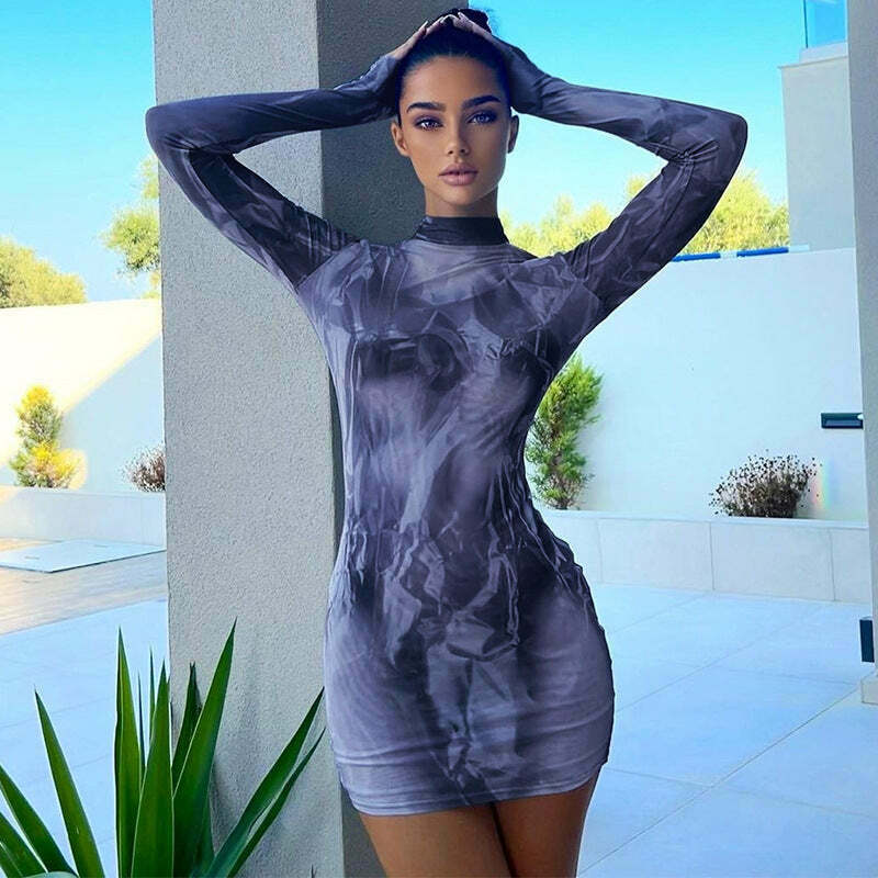 Y2K Aesthetic Printed Slim Round Neck Hip Dress - Coquette Style Grunge Fashion Y2K Aesthetic Printed Slim Round Neck Hip Dress - Coquette Style Grunge Fashion