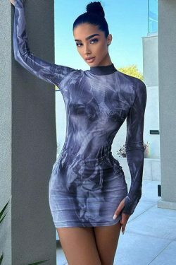 Y2K Aesthetic Printed Slim Round Neck Hip Dress - Coquette Style Grunge Fashion