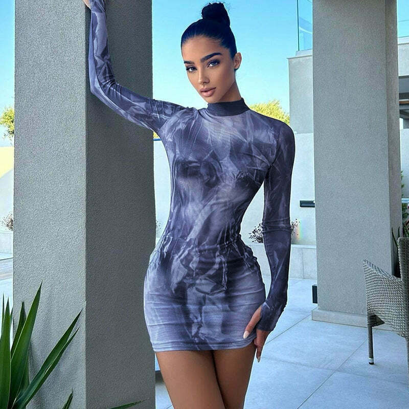 Y2K Aesthetic Printed Slim Round Neck Hip Dress - Coquette Style Grunge Fashion Y2K Aesthetic Printed Slim Round Neck Hip Dress - Coquette Style Grunge Fashion