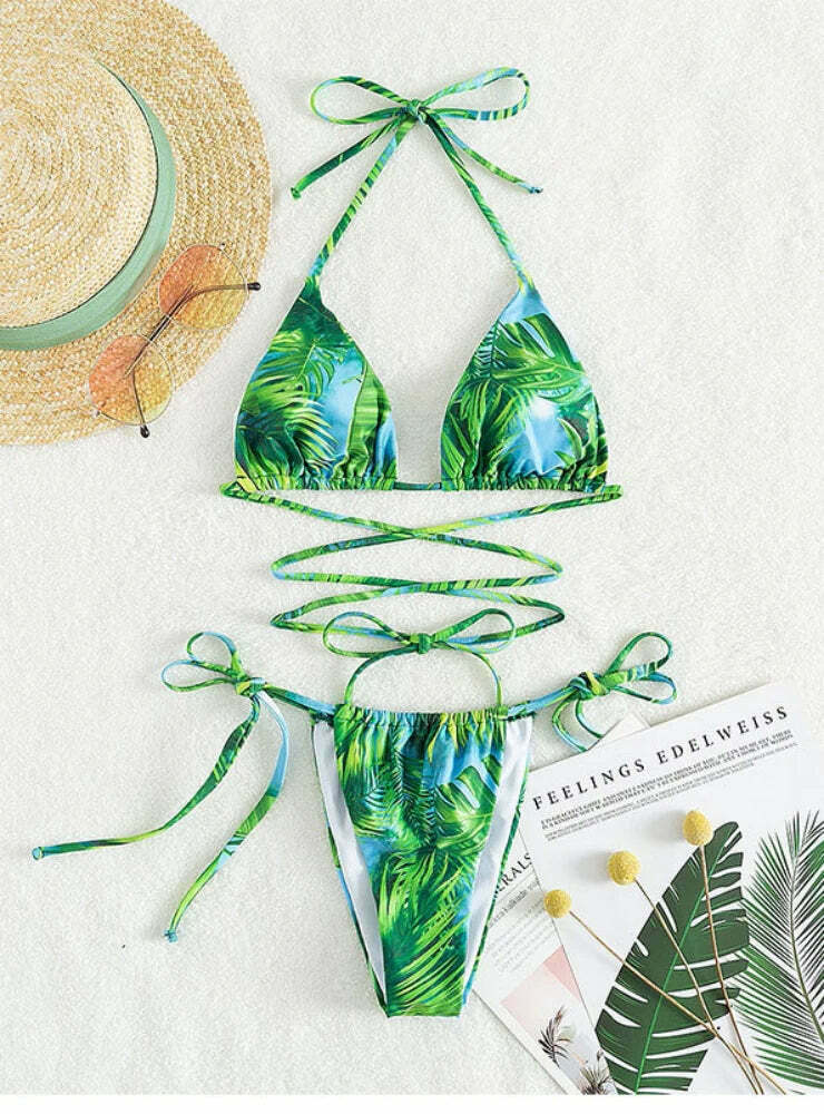 Y2K Aesthetic Printed Strap Split Two-Piece Swimsuit Y2K Aesthetic Printed Strap Split Two-Piece Swimsuit