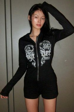 Y2K Aesthetic Printed Street Style Hooded Jumpsuit for Women - Coquette & Grunge Fashion