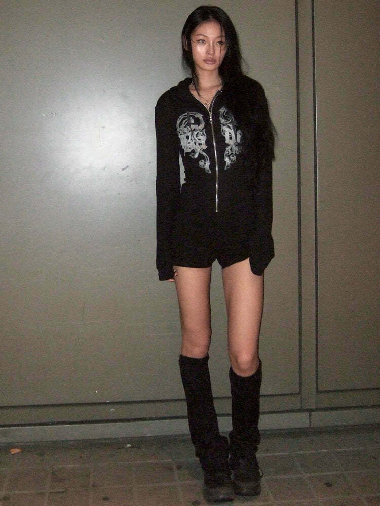 Y2K Aesthetic Printed Street Style Hooded Jumpsuit for Women - Coquette & Grunge Fashion Y2K Aesthetic Printed Street Style Hooded Jumpsuit for Women - Coquette & Grunge Fashion