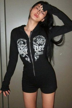 Y2K Aesthetic Printed Street Style Hooded Jumpsuit for Women - Coquette & Grunge Fashion